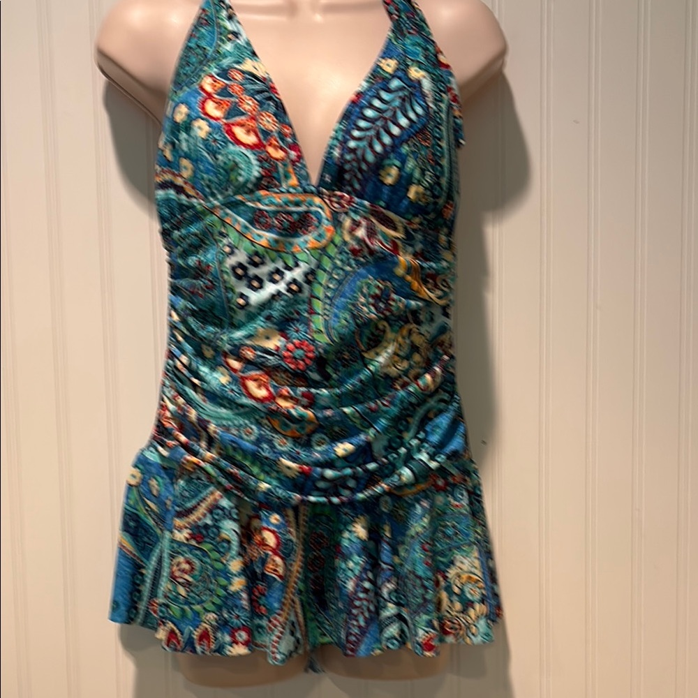 CHAPS Colorful One Piece Halter Style Swimsuit Size 14